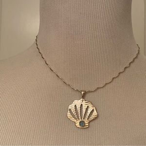 NECKLACE STERLING SILVER 925 WAVEY CHAIN CHOKER SCALLOP SHELL PENDANT BLUE STONE